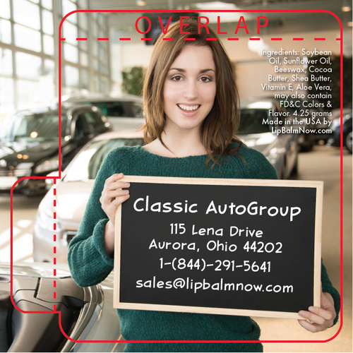 Woman Holding Chalk Board in Car Dealership Lip Balm Tube